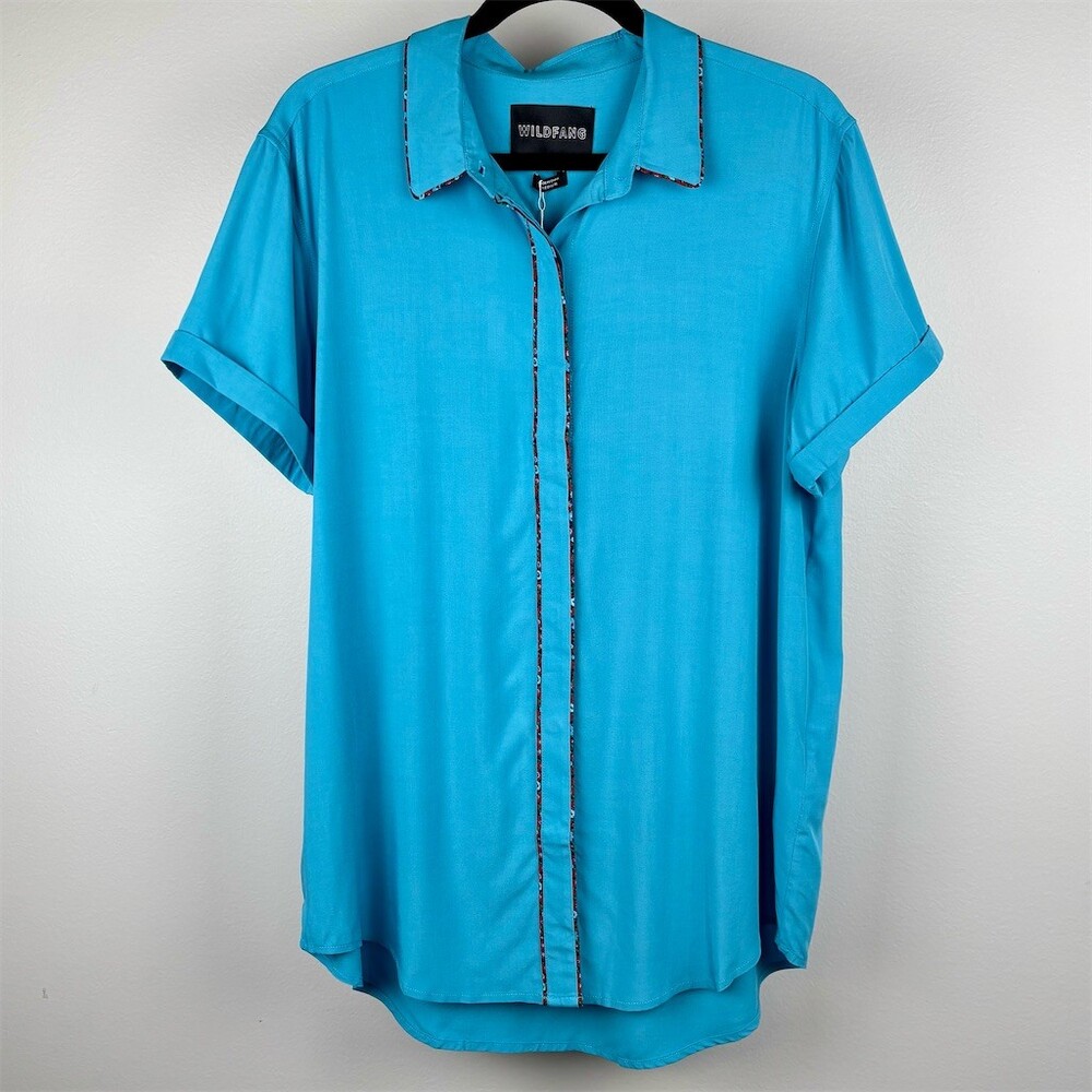 Wildfang The Empower Button-Up Shirt Aqua Blue Piped Short Sleeve
